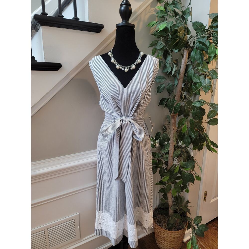Dorby Tie Waist Dress Women Size 18 Striped White Blue Cotton Summer Casual